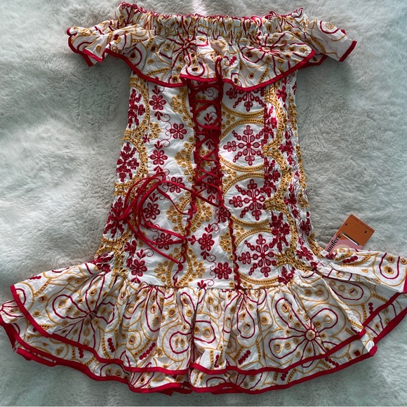 NWT Printed Embroidered Off-shoulder Mini Dress - Picture 7 of 11